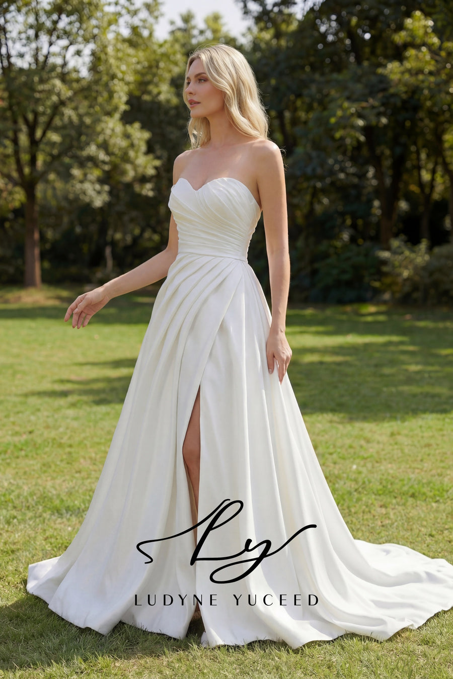 Strapless Ruched Satin A-Line Gown with High Slit
