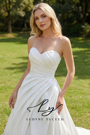 Strapless Ruched Satin A-Line Gown with High Slit