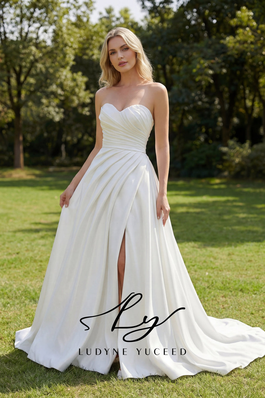 Strapless Ruched Satin A-Line Gown with High Slit