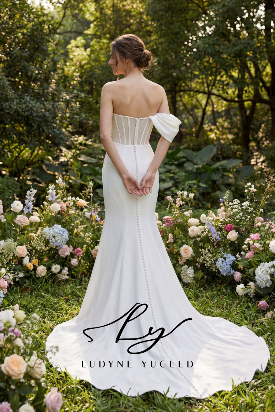 Abito da sposa a-line senza spalline in organza floreale 3D con maniche staccabili
