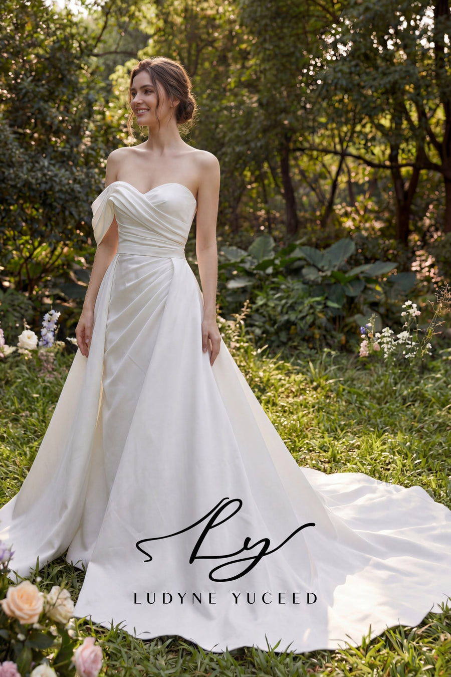 Abito da sposa a-line senza spalline in organza floreale 3D con maniche staccabili