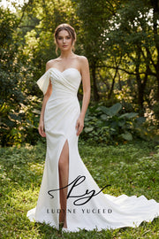 Abito da sposa a-line senza spalline in organza floreale 3D con maniche staccabili