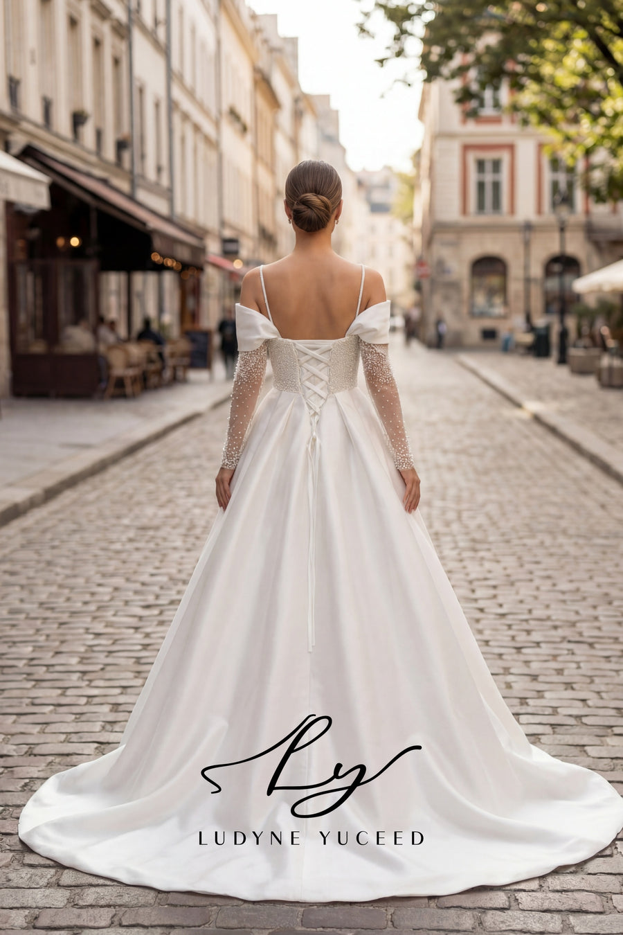 Abito da sposa a-line senza spalline in organza floreale 3D con maniche staccabili
