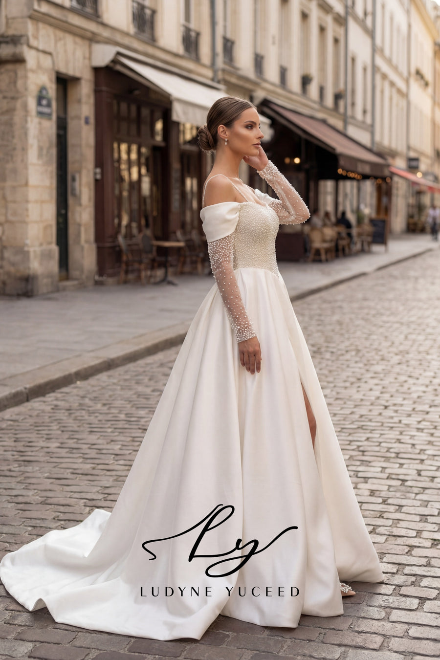 Abito da sposa a-line senza spalline in organza floreale 3D con maniche staccabili