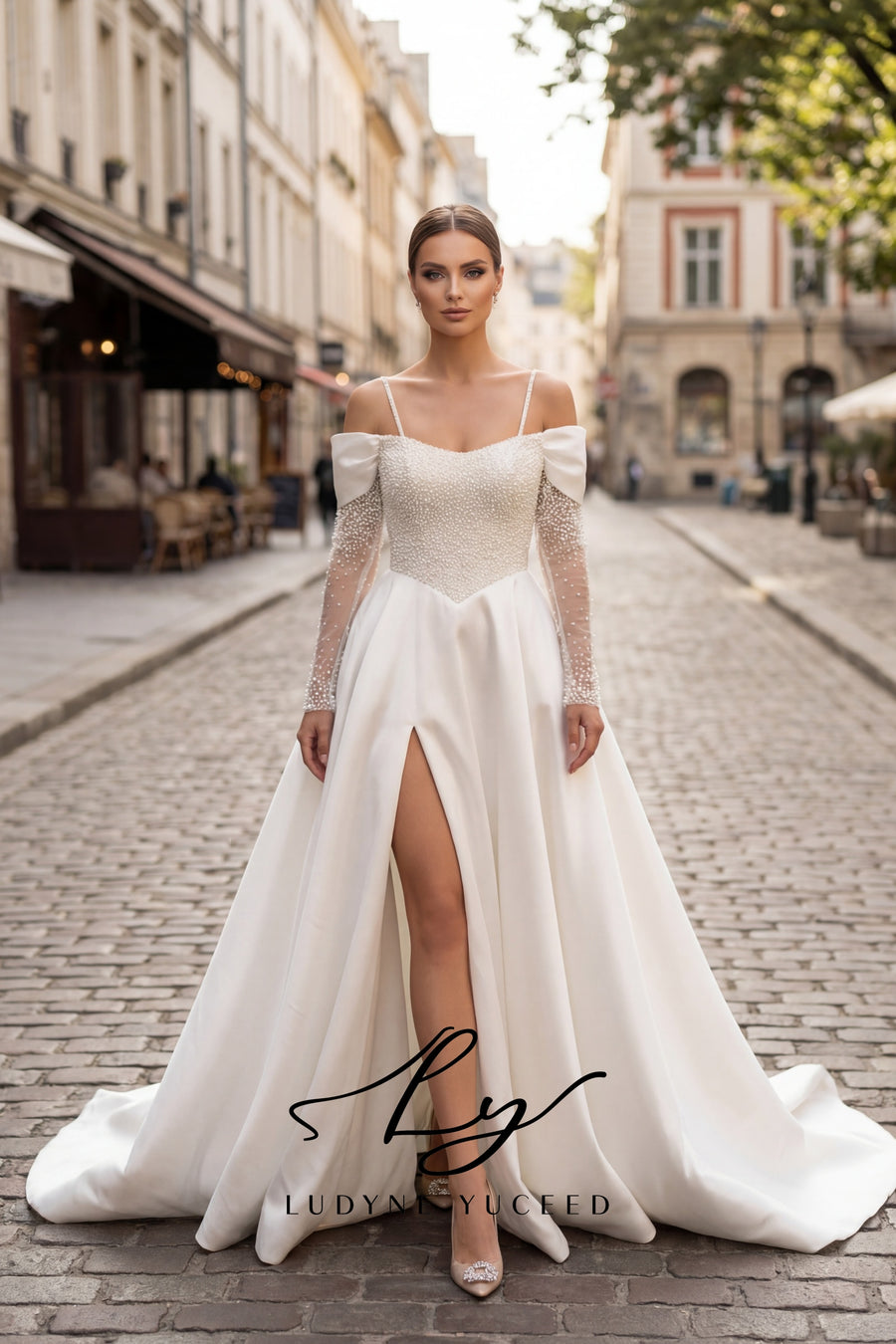 Abito da sposa a-line senza spalline in organza floreale 3D con maniche staccabili