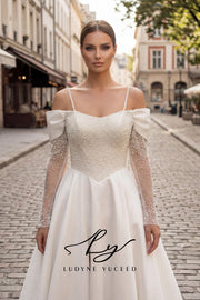 Abito da sposa a-line senza spalline in organza floreale 3D con maniche staccabili