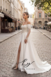 Abito da sposa a-line senza spalline in organza floreale 3D con maniche staccabili
