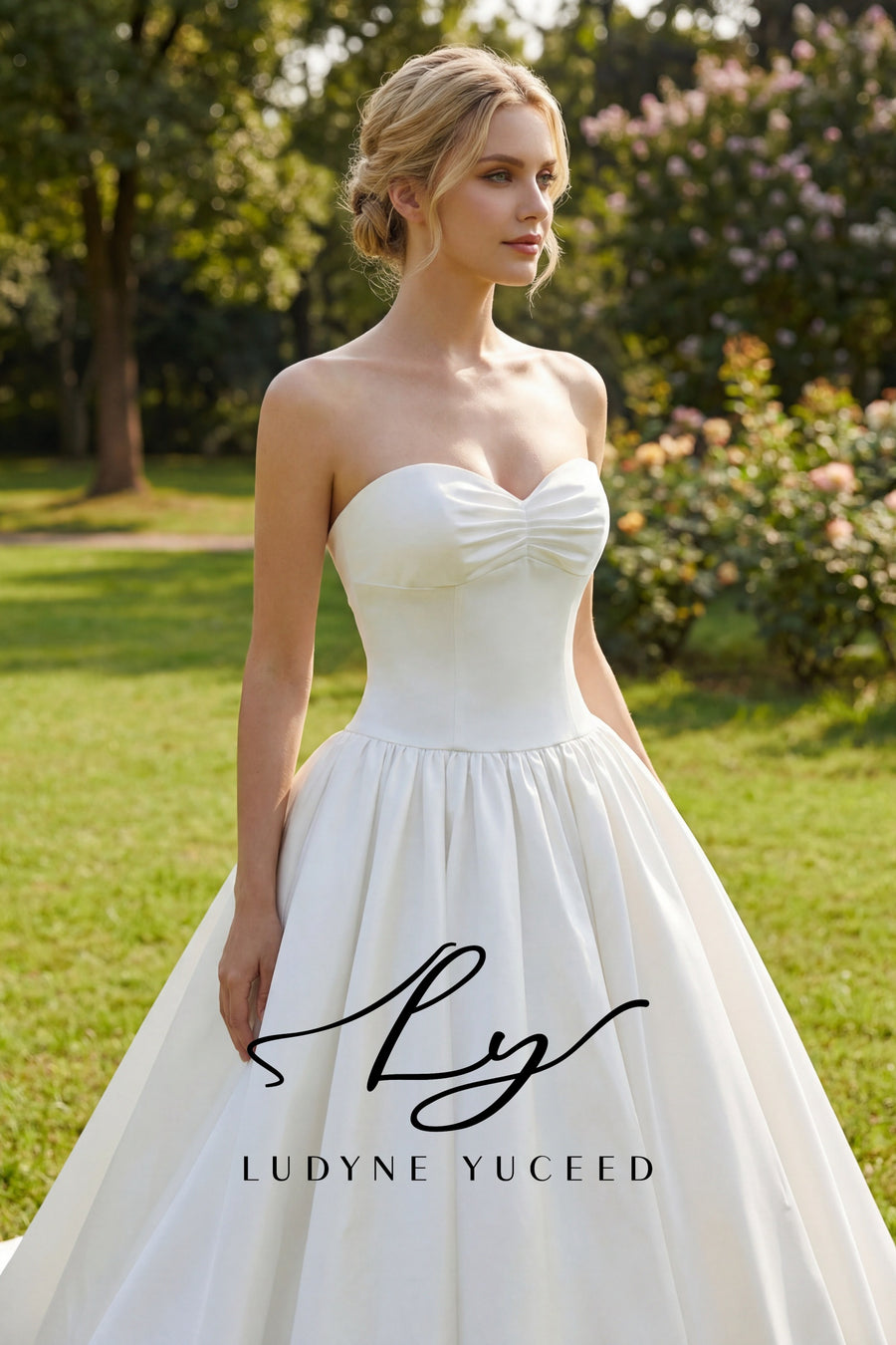 Vestido de novia de organza floral 3D sin tirantes con mangas desmontables