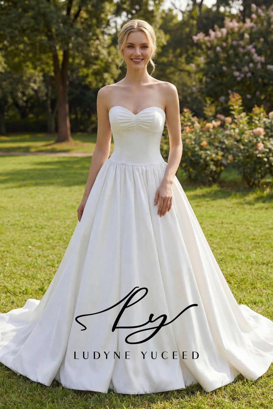 Vestido de novia de organza floral 3D sin tirantes con mangas desmontables