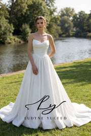 Abito da sposa a-line senza spalline in organza floreale 3D con maniche staccabili