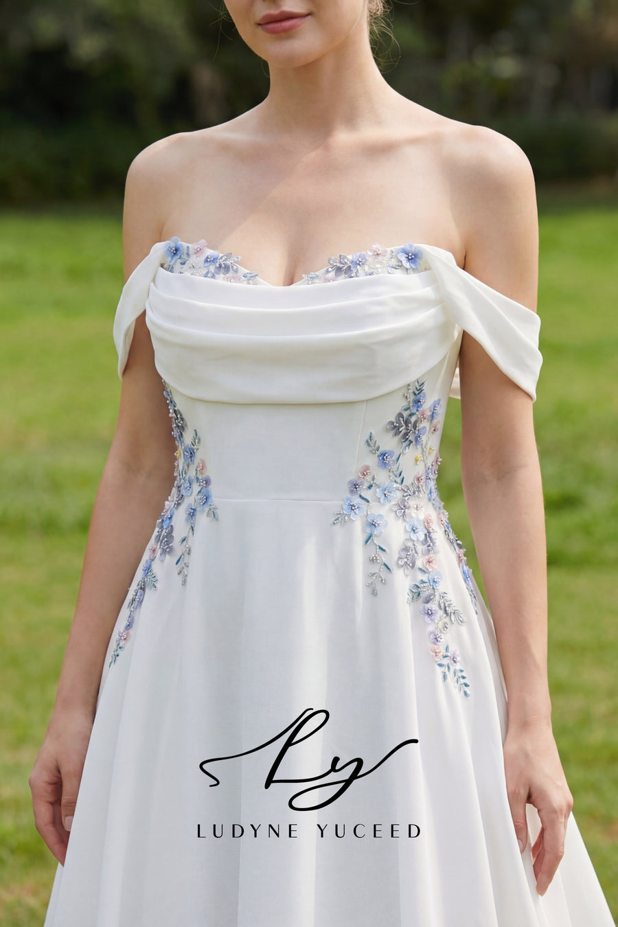 Whispering Garden Off-the-Shoulder Chiffon Wedding Dress