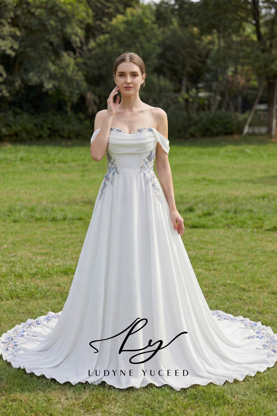 Whispering Garden Off-the-Shoulder Chiffon Wedding Dress