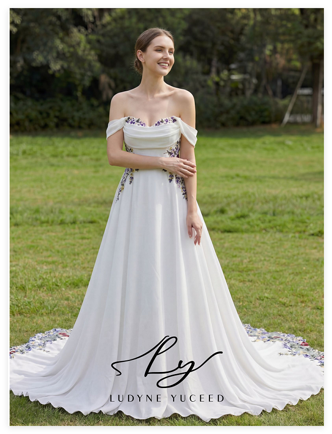 Whispering Garden Off-the-Shoulder Chiffon Wedding Dress