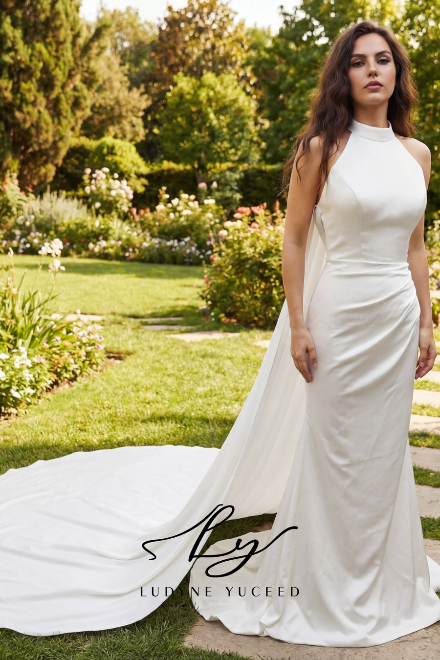 Charming Ethereal Halter Satin Gown With Detachable Train