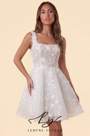 Abito da sposa a-line senza spalline in organza floreale 3D con maniche staccabili