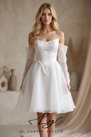 Abito da sposa a-line senza spalline in organza floreale 3D con maniche staccabili