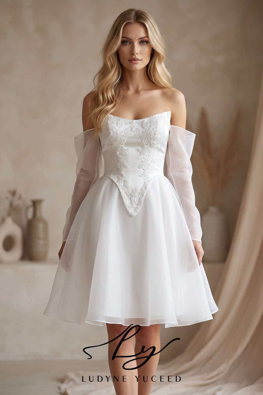 Abito da sposa a-line senza spalline in organza floreale 3D con maniche staccabili