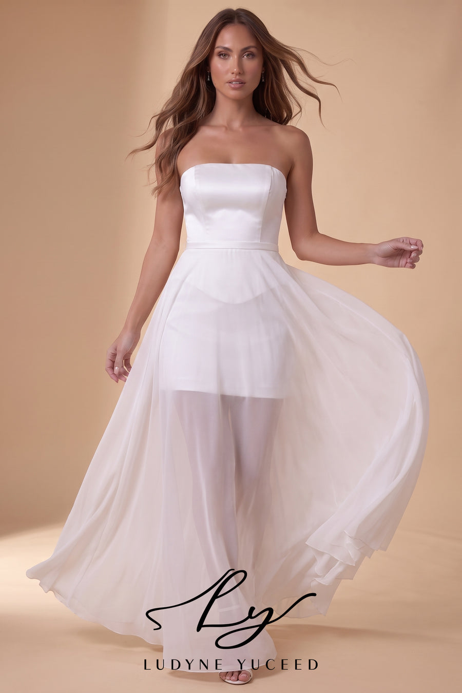 Vestido de novia de organza floral 3D sin tirantes con mangas desmontables
