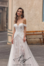 Unique Plunge Neckline with Off-The-Shoulder Lace Wedding Gown
