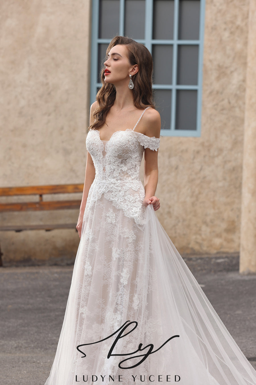 Unique Plunge Neckline with Off-The-Shoulder Lace Wedding Gown