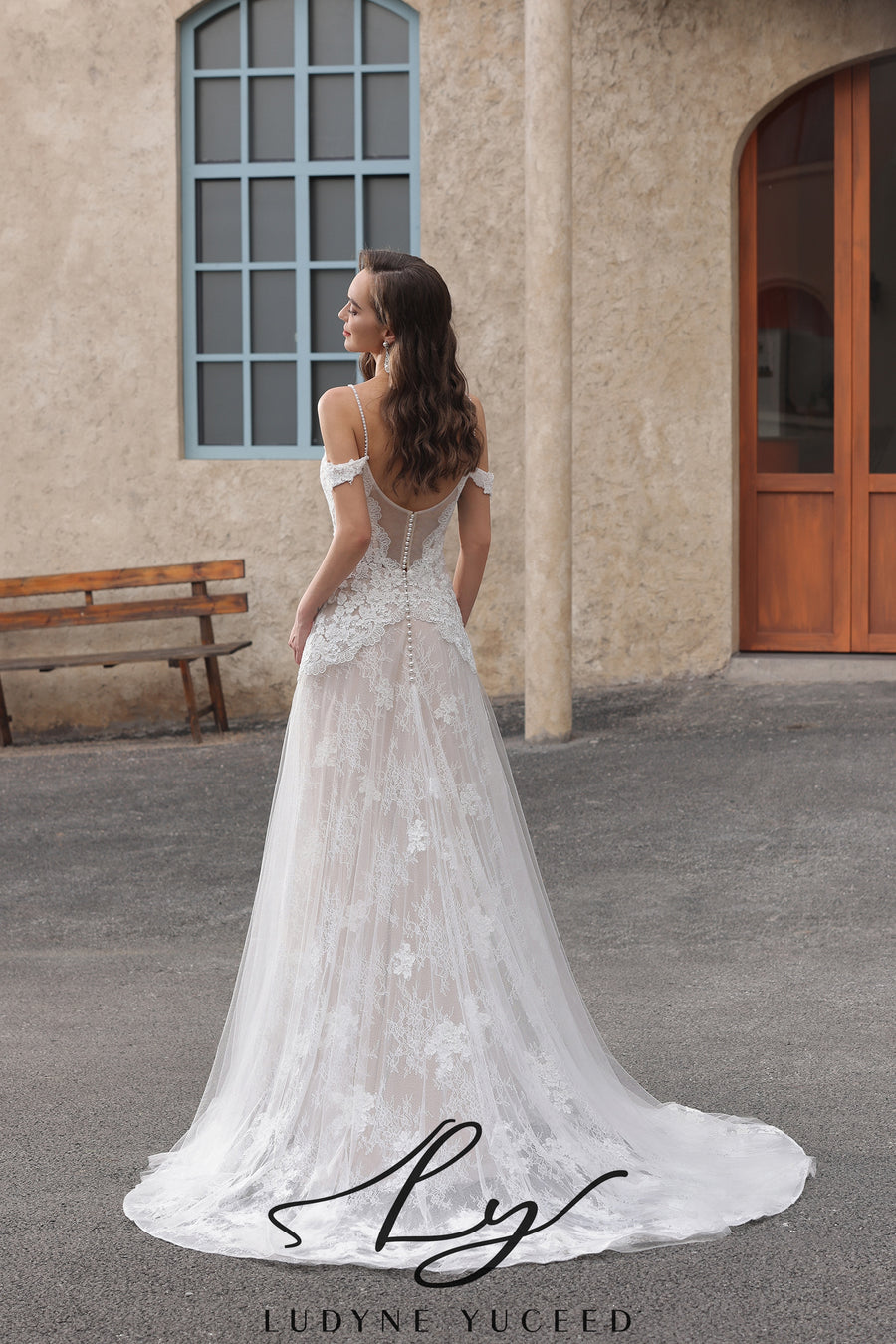 Unique Plunge Neckline with Off-The-Shoulder Lace Wedding Gown