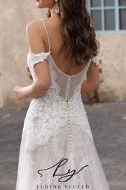 Unique Plunge Neckline with Off-The-Shoulder Lace Wedding Gown