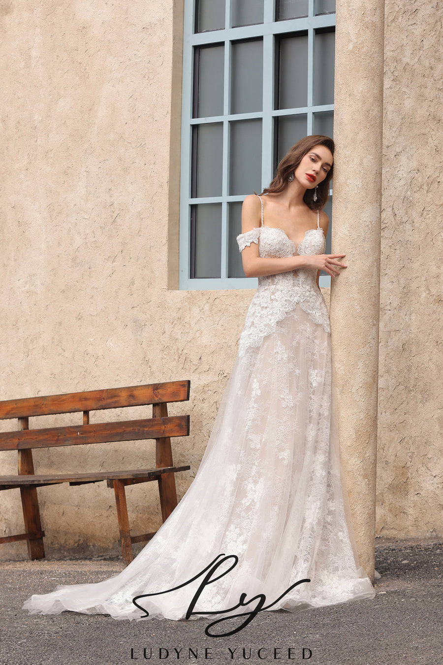 Unique Plunge Neckline with Off-The-Shoulder Lace Wedding Gown