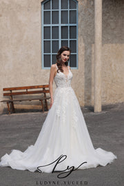 Abito da sposa a-line senza spalline in organza floreale 3D con maniche staccabili