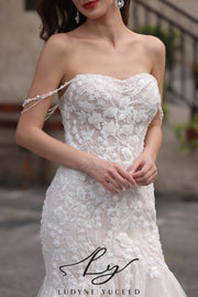 Vestido de novia de organza floral 3D sin tirantes con mangas desmontables