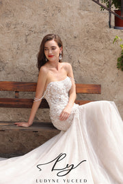 Vestido de novia de organza floral 3D sin tirantes con mangas desmontables