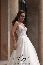 Abito da sposa a-line senza spalline in organza floreale 3D con maniche staccabili