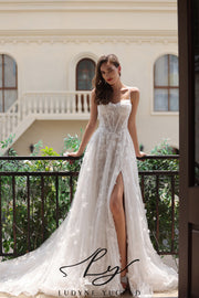 Abito da sposa a-line senza spalline in organza floreale 3D con maniche staccabili