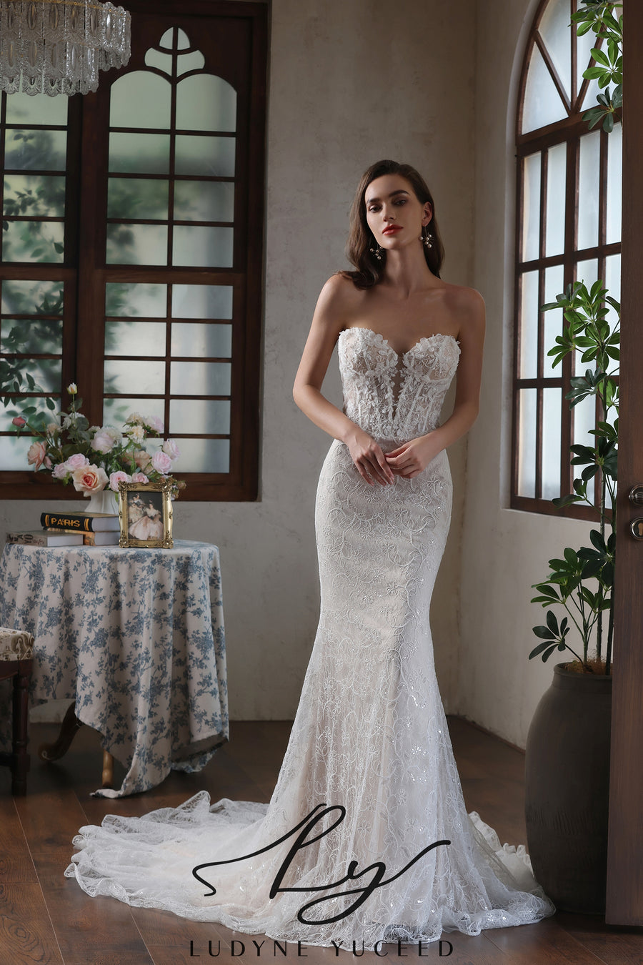 Abito da sposa a-line senza spalline in organza floreale 3D con maniche staccabili