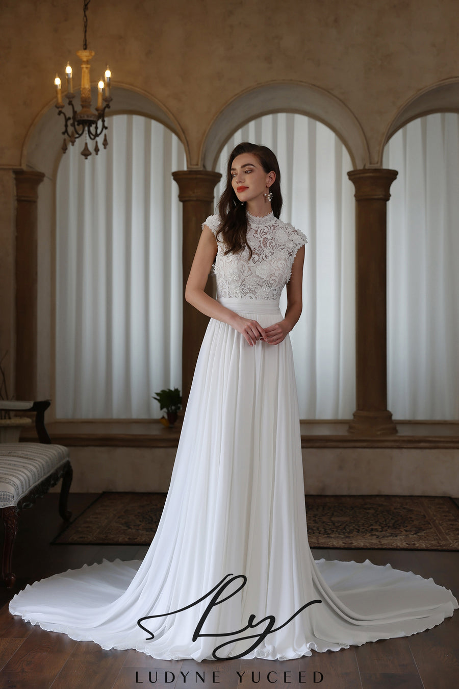 Abito da sposa a-line senza spalline in organza floreale 3D con maniche staccabili