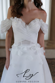 Abito da sposa a-line senza spalline in organza floreale 3D con maniche staccabili