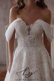 Abito da sposa a-line senza spalline in organza floreale 3D con maniche staccabili