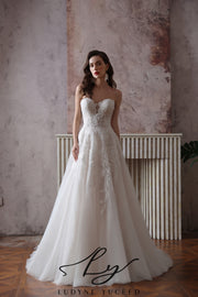 Abito da sposa a-line senza spalline in organza floreale 3D con maniche staccabili