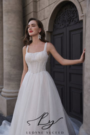 Abito da sposa a-line senza spalline in organza floreale 3D con maniche staccabili
