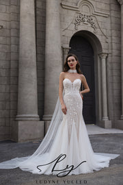 Vestido de novia de organza floral 3D sin tirantes con mangas desmontables