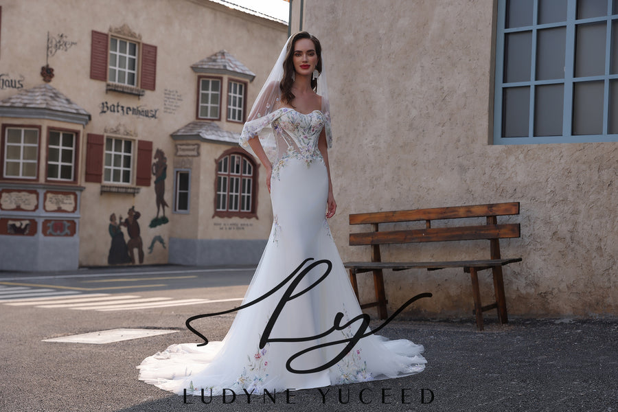 Abito da sposa a-line senza spalline in organza floreale 3D con maniche staccabili