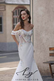 Abito da sposa a-line senza spalline in organza floreale 3D con maniche staccabili