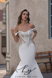Abito da sposa a-line senza spalline in organza floreale 3D con maniche staccabili