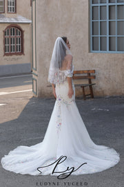 Abito da sposa a-line senza spalline in organza floreale 3D con maniche staccabili