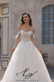 Abito da sposa a-line senza spalline in organza floreale 3D con maniche staccabili