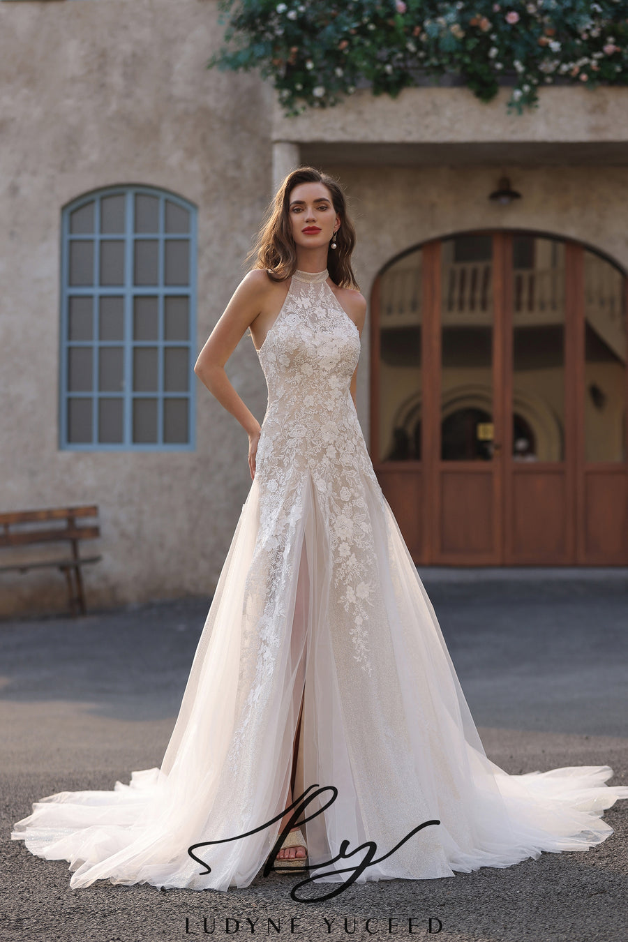 Abito da sposa a-line senza spalline in organza floreale 3D con maniche staccabili
