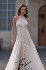 Abito da sposa a-line senza spalline in organza floreale 3D con maniche staccabili