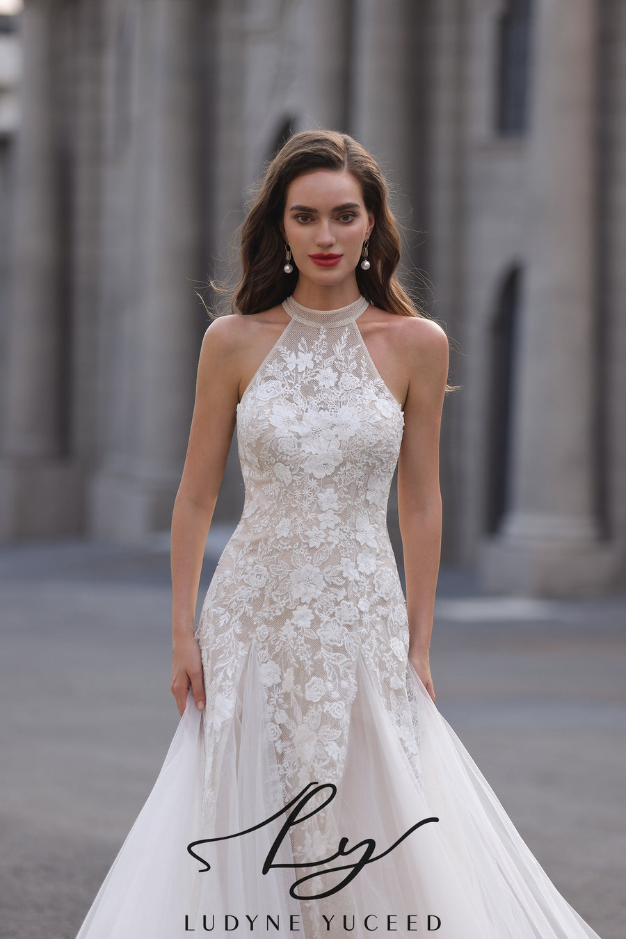 Abito da sposa a-line senza spalline in organza floreale 3D con maniche staccabili