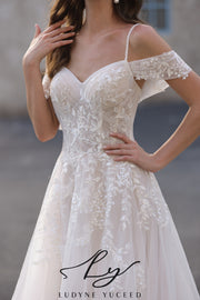 Abito da sposa a-line senza spalline in organza floreale 3D con maniche staccabili