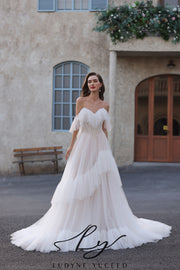 Abito da sposa a-line senza spalline in organza floreale 3D con maniche staccabili