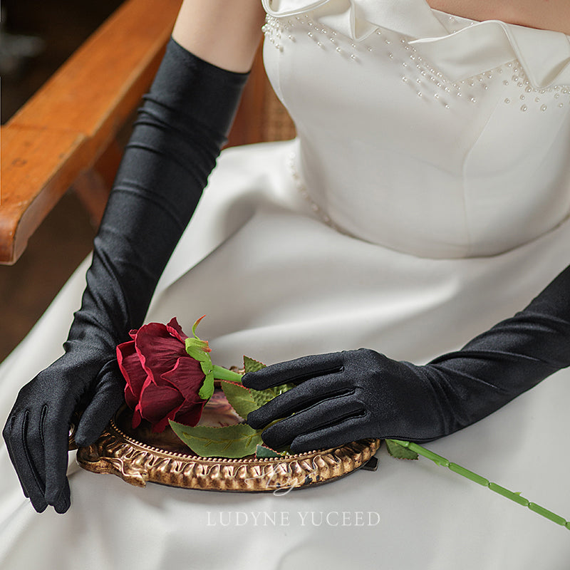 Black Satin Wedding Gloves With A French Hepburn Style